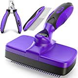 Ruff 'N Ruffus Self-Cleaning Slicker Brush With Upgraded PAIN-FREE Bristles | Gently Removes Loose Undercoat, Mats & Tangled Hair | For Cats & Dogs With All Hair Types + FREE Pet Nail Clippers & Free Comb