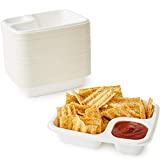 Sturdy, Leak Free, Biodegradable Bagasse Nacho Trays 50 Pack. Large, 2 Compartment Microwave Safe Compostable Serving Tray. Heavy Duty, Divided Holder for Snacks, Nachos and Cheese or Chips and Salsa