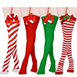 4 Pairs Christmas Thigh-high Socks Red and White Stripe High Socks with Bow over Knee Stockings Candy Canes Stockings Cosplay Socks for Women and Girls