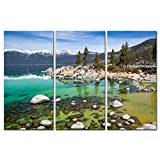So Crazy Art- Lake Tahoe Wall Art Decor Clear Turquoise Water and Green Mountain Trees Forest in the California Canvas Pictures Artwork 3 Panel Landscape Painting Prints for Home Living Dining Room