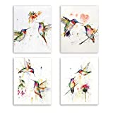 Abstract Birds Art print Watercolor Hummingbirds and Flower Branch Canvas Painting,Set of 4(8"x10") unframed,Nature Wall Art Poster For Living Room Bedroom Office Decoration