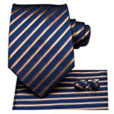 Hi-Tie Navy Blue Brown Striped Silk Mens Tie Set Extra Long Necktie Woven Pocket Suqare 63inches
