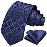 HISDERN Men's Extra Long Neckties Navy Blue Plaid Checkered Ties & Pocket Square Set Woven Classic Silk Tie Formal Business
