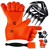 GK’s Premium BBQ Dream Set: 100% Mess Proof Silicone BBQ Smoker Gloves for BBQing All Day Plus Super Sharp Solid Meat Claws for Shredding Plus Silicone Basting Brush | Smoker Accessories for Men and Women (Orange)