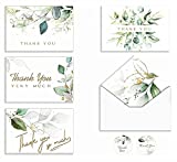 100 Bulk Greenery & Gold Foil Thank You Cards- 4 Designs of Watercolor Green Leaves Floral, Blank Inside with Matching Envelopes & Stickers. Perfect for Baby Shower, Wedding, Business & Much More.