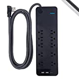 GE UltraPro 10 Outlet Surge Protector, USB-C Charging, 8 ft Designer Braided Cord, Adapter Spaced, 3540 Joules, Compatible w/ iPhone 12/11/Pro/Max/Xs/XR/X/8, Samsung Galaxy, Google Pixel, Black, 41357