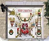 Victory Corps Outdoor Christmas Holiday Garage Door Banner Cover Mural Décoration - Santa's Reindeer Barn Without Santa Holiday Garage Door Banner Décor Sign 7'x8'