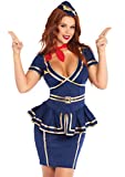 Leg Avenue Womens - 3 Piece Friendly Skies Flight Attendant Set Sexy Stewardess Dress and Matching Hat Halloween Adult Sized Costumes, Blue, Medium US