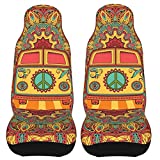 Hippie School Bus Car Seat Covers Universal Waterproof Cartoon Front Bench Covers Compatible Most Vehicle 2 Pcs Auto Bucket Mat Protector Cover fit SUV Cars Truck Van (20.5IN×54.3IN)