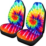 UNICEU Tribal Tie Dye Rainbow Design Universal Car Seat Covers,2 Piece Abstract Geometric Print Elastic Polyester Front Bucket Seats Protector Washable