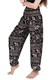 Banjamath Women's Smocked Waist Harem Hippie Boho Yoga Palazzo Casual Pants (S,Elephant Black)