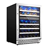 Phiestina 24 Inch Under Counter Wine Cooler - 46 Bottle Built-In Dual Zone Compressor Wine Refrigerator for Red & White Wines - Tempered Glass Door Wine Fridge with Digital Memory Temperature Control
