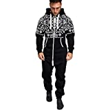 Men's Christmas Jumpsuit Autumn Winter Casual Hoodie Zipper Long Playsuit One Piece with Drawstring Jogging Tracksuit (Black, L)