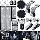 19 Pcs Bling Car Accessories Set, Bling Seat Belt Covers, Bling Handbrake Cover, Bling Dual USB Car Charger, Bling Car Shift Gear Cover, Bling Car Coasters, Glasses Holders, Start Button Ring (White)