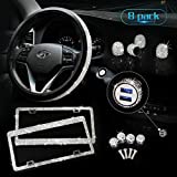 Tchipie Bling Car Accessories Set for Women, 8-Pack Bedazzled Diamond Steering Wheel Cover, Glitter Rhinestone License Plate Frames, Sparkly ubs Car Charger, Crystal Valve Stem Caps with wonderful Box