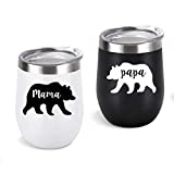 Gingprous Mama Bear, Papa Bear Couple Wine Tumbler Set, Gifts for Couples, New Parents, Pregnancy, New Mom and New Dad, 12 Oz Insulated Stainless Steel Wine Tumbler with Lid(Set of 2, Black and White)