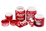 Mason Jar Kitchenware Set - Vintage Ceramic Kitchen Accessories - Measuring Cups and Spoons, Spoon Rest, Salt and Pepper Shakers, Sponge Holder, Cookie Jar, Utensil Crock - Red, 17-Piece Set