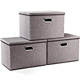 PRANDOM Large Collapsible Storage Bins with Lids [3-Pack] Linen Fabric Foldable Storage Boxes Organizer Containers Baskets Cube with Cover for Home Bedroom Closet Office Nursery (17.7x11.8x11.8")