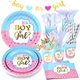 Gender Reveal Plates and Napkins and Cups, 159 PCS Boy or Girl Gender Reveal Party Supplies with Banner, Tablecloth, Cake Topper, Cutlery, Straws for Gender Reveal Decorations - Serves 16