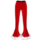 Moily Women's Christmas Soft Velvet Pants Faux Fur Trim Flared Pants Bell Bottoms Sweatpants Red Large
