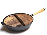 Kasian House Cast Iron Wok with Wooden Handle and Lid, Pre-Seasoned, 12" Diameter Chinese Wok with Flat Bottom, Heavy Duty Stir Fry Pan