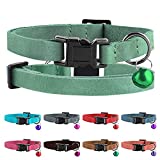 Murom Breakaway Cat Collar Leather Soft Adjustable Pet Kitten Collars with Bell Pink Brown Blue Green Red (Green)