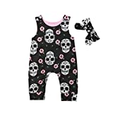 Newborn Infant Baby Girl/Boy Halloween Clothes Skull Floral Romper Jumpsuit Sleeveless Bodysuit Headband Outfit (0-6M, Black)