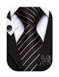 Barry.Wang Stripe Men Ties Set Classic WOVEN Necktie with Handkerchief Cufflinks Formal Black Gold