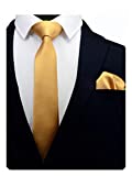 GUSLESON 2.4" Slim Necktie and Handkerchief Set For Men Solid Skinny Tie Brooch Set (Goldenrod)
