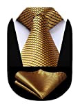 HISDERN Gold Tie for Men Wedding Soild Color Plaid Checkered Ties Silk Woven Formal Neckties Pocket Square Set Necktie & Handkerchief Business