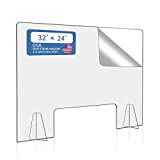 32”x24” Sneeze Guard, Plexiglass Clear Shield-Economy Sneeze Guard for Counter, Freestanding Acrylic Shield for Business and Customer Safety with Pass-Through Transaction Window.
