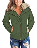luvamia Women Casual Warm Winter Faux Fur Quilted Parka Lapel Zip Pockets Jacket Puffer Coat Army Green Size Large