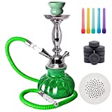 12.5” Pumpkin Hookah Starter Set, Portable Hookah with Accessories, Single Hose Mini Pumpkin Hookah Kit, with 10 Coals, 10 Disposable Tips (Long Tips), and 50 Pre-Punched Hookah Foils (Green)