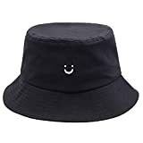 Smile Face Bucket Hat for Men Summer Travel Bucket Beach Sun Hat Embroidery Outdoor Cap for Men Women Black