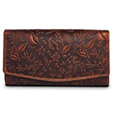 RFID Flower embossed Leather Wallet for Women-Multi Credit Card Slots,Mobile case Coin Purse with ID Window-by LEVOGUE (Cognac Vintage)