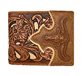 Western Mens Leather Longhorn Floral Tooled Laser Cut Lone Star Short Wallet (Brown/Beige)