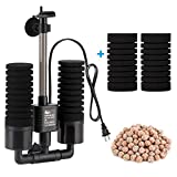 AQQA Aquarium Sponge Filter, Power Driven Double Biochemical Water Filter, Quiet Submersible Foam Filter with 2 Extra Sponges, 1 Bag of Filtered Ceramic Balls for Fresh and Salt Water Fish Tank (S)