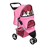 Magshion 3 Wheel Foldable Waterproof Premium Quality Pet Cat Dog Stroller Travel Carrier Light Weight with Storage Basket Cup Holder Zipper Lock, 35lbs Capacity, Pink