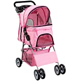 VIVO Pink 4 Wheel Pet Stroller for Cat, Dog and More, Foldable Carrier Strolling Cart, STROLR-V001N