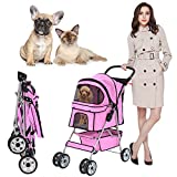 MeetPerfect 4 Wheels Travel Stroller Pet Stroller Dog Cat Pushchair Trolley Puppy Jogger Folding Carrier Carriage with Storage Basket for Small Medium Dogs & Cats- Pink