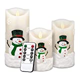 Snowman Flickering Flameless Candles, 5in 6in 8in, Set of 3, Battery Operated Pillar Candles with Timer and Remote Control for Christmas Decoration, Led Candles Gift with Moving Wick Dancing Flame