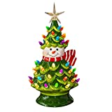 FUNPENY 11" Ceramic Christmas Tree, Pre-lit Battery Operated Vintage Tabletop Snowman Tree Ornaments with 50 Multicolored Lights, Christmas Table Decorations for Xmas Indoor Desk Centerpiece Decor