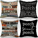 Porch Rules Throw Pillow Case, 18 x 18 Inch Set of 4, Front Porch Bench Decorations, Housewarming Gift, Porch Decor, Porch Swing Pillow, Modern Farmhouse Porch Chairs Pillows Cover for Sofa Couch Bed