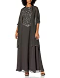 J Kara Women's Petite Long Beaded V Trim Detail Dress with Scarf, Slate/MERC/Gun, 6P