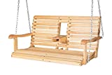 GDLF 4FT Porch Swing Chair Garden Patio Swing Bench Solid Wood Hanging Bench with Foldable Cupholder Heavy Duty Chains