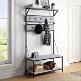 BELLEZE Modern Entryway Hall Tree Coat Rack Storage Shoe Bench with 4-in-1 Design, 11 Hooks, Wood Accent Furniture with Metal Frame - Blake (Stone Grey)