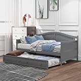 LZ LEISURE ZONE Twin Daybed with Trundle Bed, Daybed Twin Size, Wood Sofa Bed for Bedroom Living Room, No Box Spring Needed,Grey