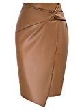 Kate Kasin Zipper Business Casual Leather Pencil Skirts for Women Side Wrap Knot Knee Length High Waist Elegant Skirts Brown M