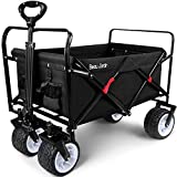 BEAU JARDIN Folding Wagon Cart 300 Pound Capacity Collapsible Utility Camping Grocery Canvas Portable Rolling Lightweight Outdoor Garden Sports Heavy Duty Shopping Wide All Terrain Beach Wheel Black