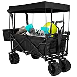 AthLike Outdoor Push Pull Collapsible Beach Wagon, Heavy-Duty 7“ All-Terrain Folding Cargo Cart, with Removable Canopy, 2 Cup Holder, Adjustable Handles, Extra Pocket for Shopping (Black)